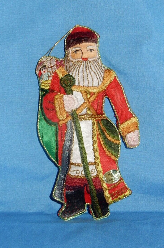 Vintage Santa Claus with Sack & Cane Silk Embroidered Christmas Ornament