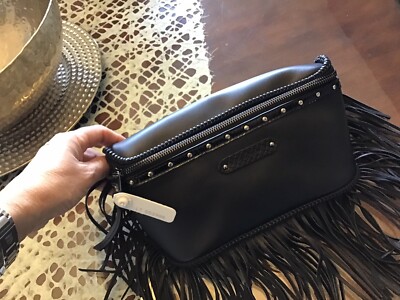 LONGCHAMP Amazone Rock Black Leather Studded Fringe Bag Chain