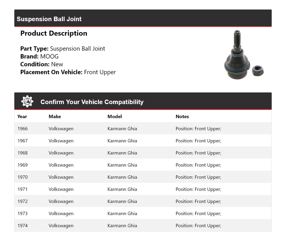 For 1966-1974 Volkswagen Karmann Ghia Suspension Ball Joint Front Upper MOOG - Image 2 of 4