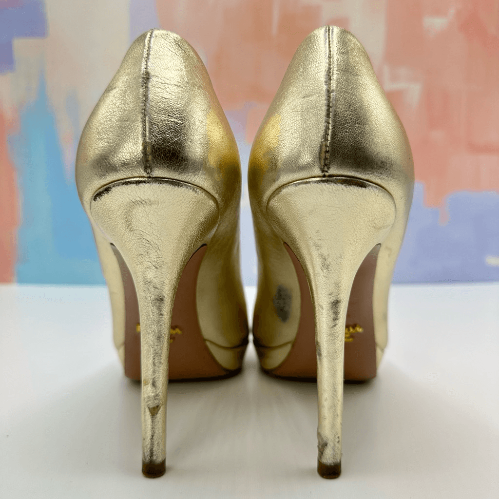Prada Gold Platform Peep Toe Pump Heels Size 37.5 w  display picture 1