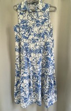 Tahari L Blue White Floral Sleeveless Shirt Dress Pockets Summer Travel Beach
