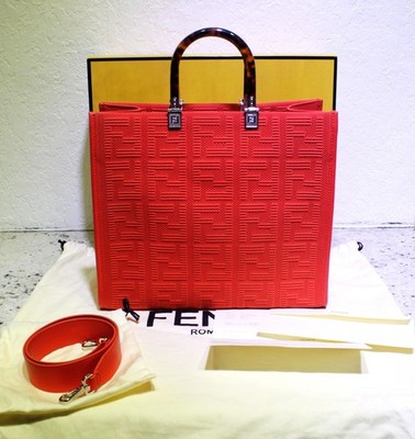 Fendi Sunshine Medium Tote Orange Embossed FF Leather Bag w/ Strap & Dust Bag