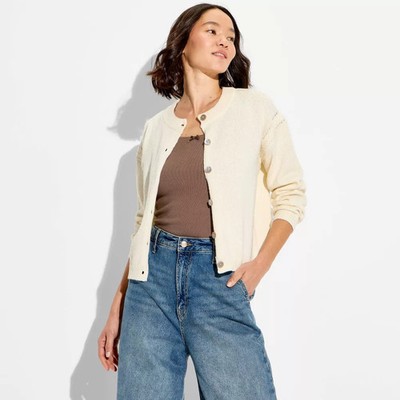 Women Crewneck Cable Trim Cardigan - Wild Fable