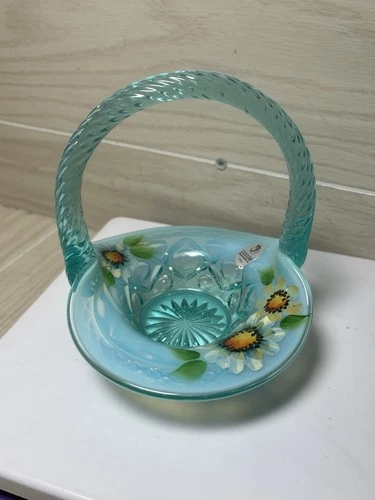 Fenton Robin's Egg Blue Opalescent Sunflowers Hand Painted Basket 2011 W37
