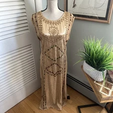 Maxi Dress Womens Plus Size *XL Embroidered Tan Retro 90s Artsy Boho Festival