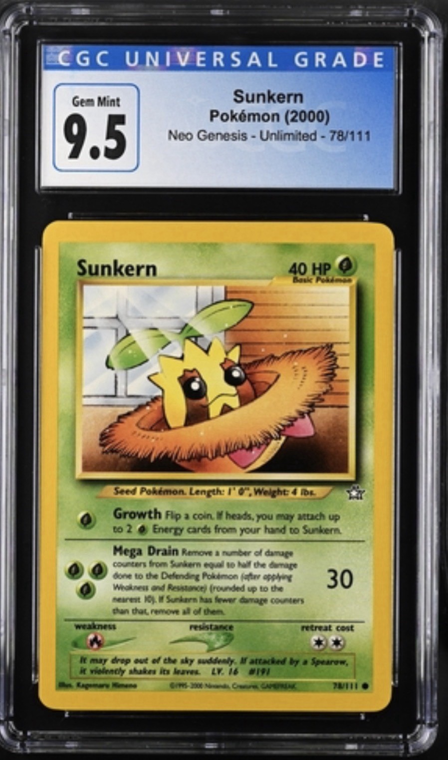 CGC 9.5 Sunkern 78/111 Neo Genesis Unlimited Common Regular (2000) EN