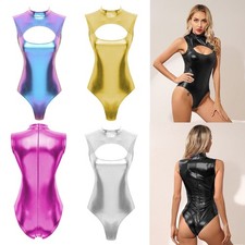 Women Leotard Wet Look Bodysuit Nightclub Jumpsuit Stylish Tops Catsuit Front