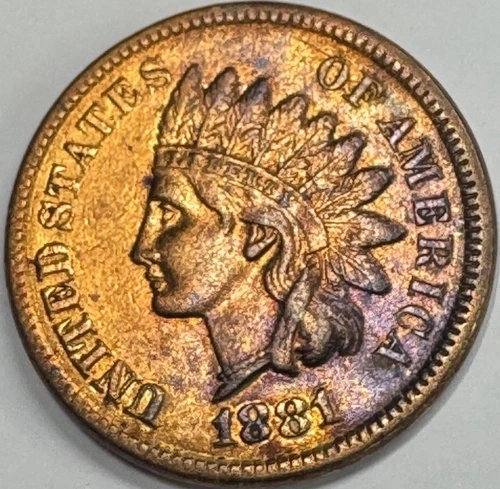 1881 Indian Head Cent 1C Penny Red Brown Toned AU/BU++ almost uncirculated ++