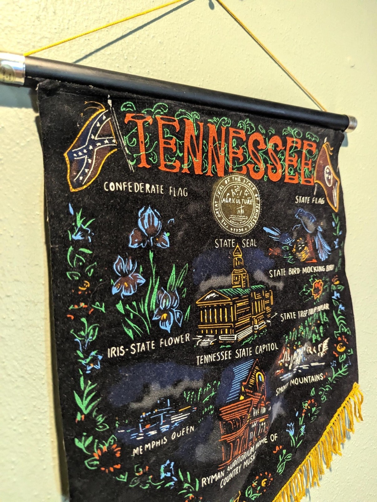 Vintage 1960s Tennessee Velvet Fringe Banner Tourist Wall Hanging Decor State