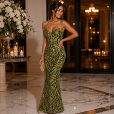Windsor Olive Green Sequin Mermaid Maxi Formal Dress XS Corset Prom Gown