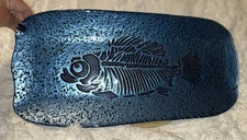 Vtg Glass Fish Embossed Serving Dish Black Blue Textured 18”X8.25”X 1”