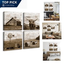 Farmhouse Highland Cow Canvas Wall Art 12x12 Rustic Western Decor Set of 4