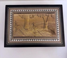 Vintage Indian Marquetry Inlaid Carved Wood Jewelry Box - Peacock Design -No Key