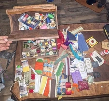 Vintage Wooden Sewing Notions Box Compartment 2 Drawers  Huge Lot Of Sewing Item