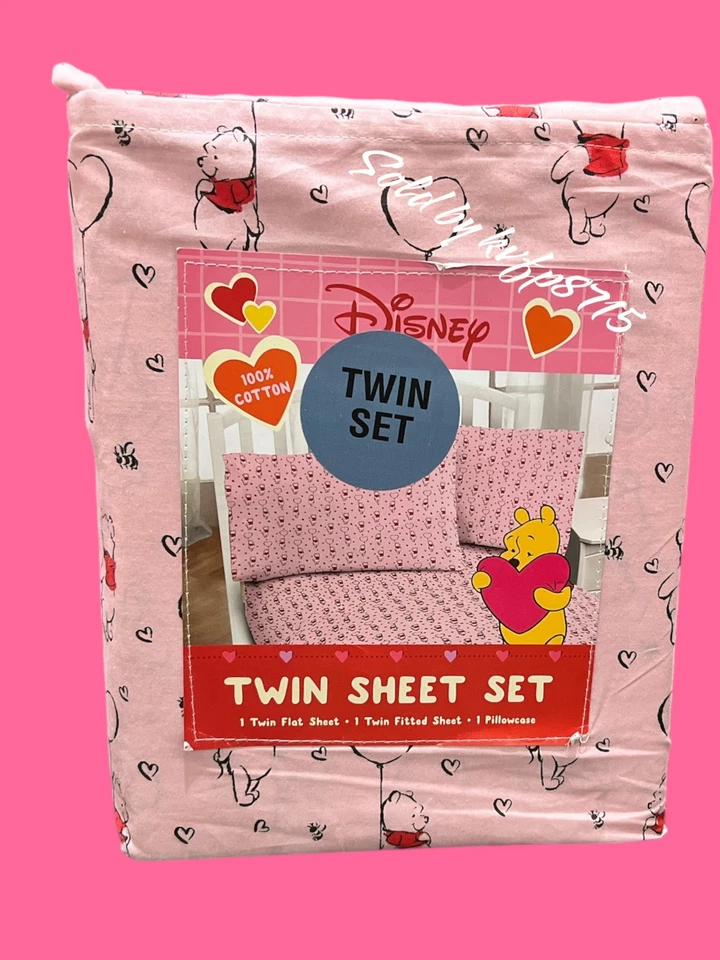 Juego de sábanas gemelas rosa Winnie The Pooh Día de San Valentín 3 piezas nuevo con etiquetas Disney NUEVO CON ETIQUETAS AMOR Foto 2 de 4
