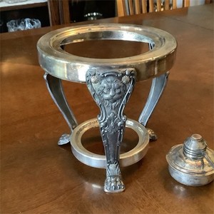 Antique Victorian Silverplate Chafing Dish Base w Spirit Burner | Lion Mask Feet