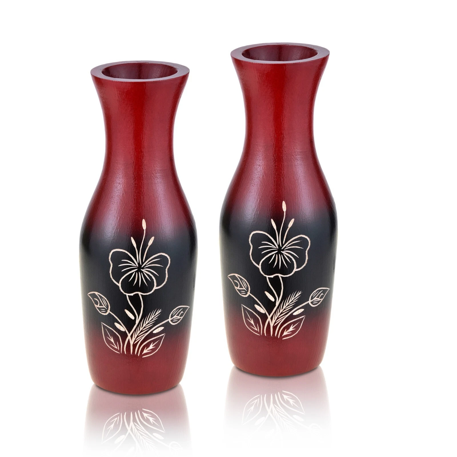 Captivating Hibiscus Flower Red and Black 8-inch Mango Tree Wood Set of 2 Vase