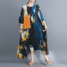 Women Bohemian Maxi Dress Loose Printed Irregular Ethnic Plus Size Summer
