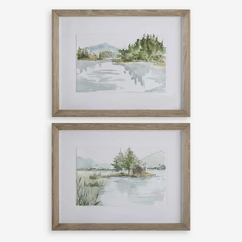 Serene Lake Framed Prints Wall Art Under Glass ~ Set Of 2  ~ Uttermost 32288 - Picture 2 of 8