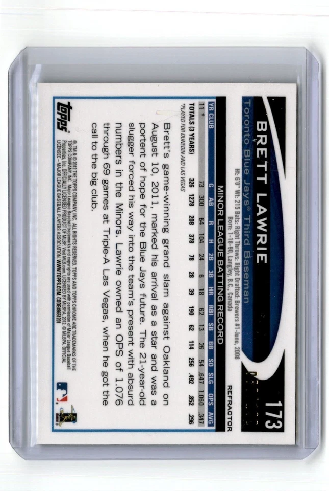 2012 Topps Chrome Black Refractor Brett Lawrie Rookie 080/100 Toronto Blue Jays - Image 2 of 2