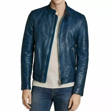 Men's Genuine Lambskin Leather Stylish Jacket Blue Biker Motorcycle Racer Jacket