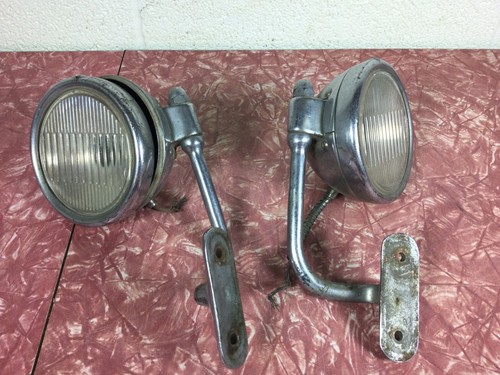 Pair VINTAGE glass 3-3/8" Cowl Lamp Lights w Brackets glass LENS Early OLD AUTO