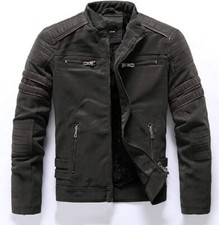 Men's Winter Stand Collar Fleece-Lined PU Embroidery Motorcycle Leather Jacket S