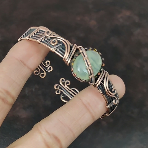 Womens day Deal Copper Natural Prehnite Handcrafted Wire Wrapped Bangle Jewelry - Video 1 of 1