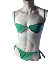 Green Sparkly 2-Piece String Bikini Set Cheeky Bottom Adjustable Size L Swimwear