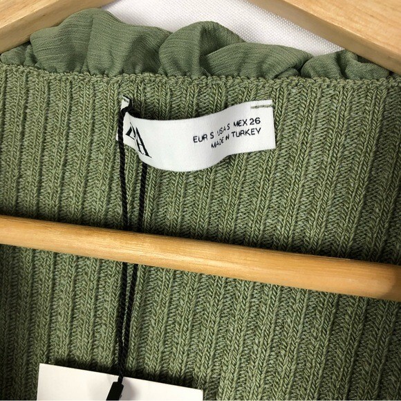Zara Green Ribbed Ruffle Trim Cardigan Sweater S image 5