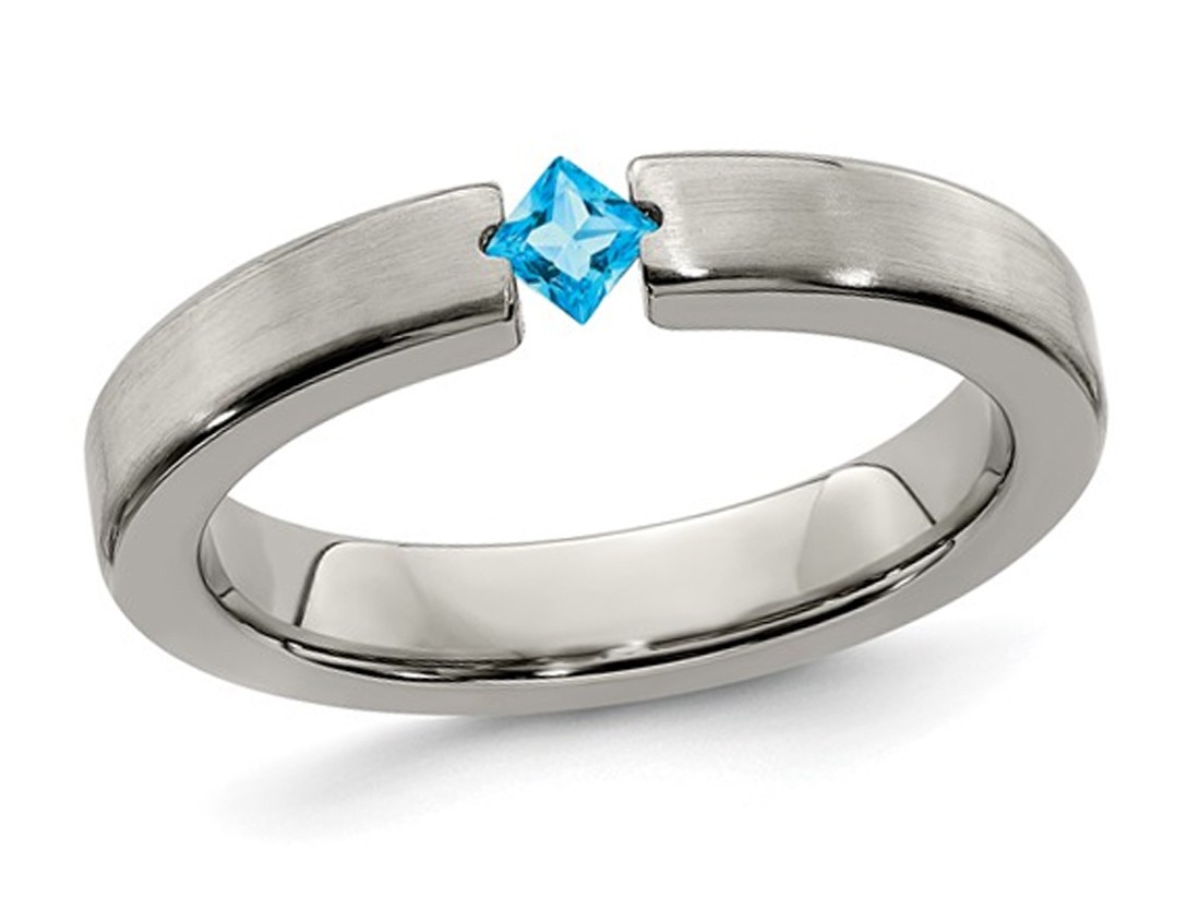 4mm Brushed Titanium Ring with Blue Topaz for Weddings-image