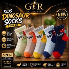 Kids Dinosaur Socks 5 Pair Set Unisex Cotton Crew Size M 3-5Y Cute Cartoon