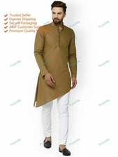 Mens Kurta Cotton Fabric Indian Brown Dress Mens Tunic Kurta Plain FreeShip