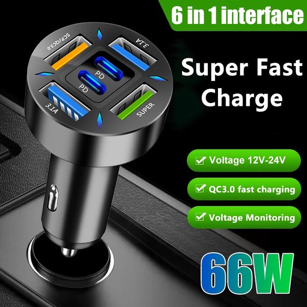 4 USB 6 Ports Super Fast Car Charger Adapter for iPhone Samsung Android Phone