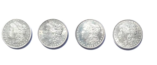 Lot of 4 Nice Morgan Silver Dollars, 1879- 1900, EF/AU, 90% Silver, Good Luster