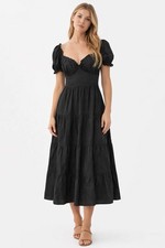 ASTR The Label Black Cottagecore Puff Sleeve Midi Dress Boho B32 W25 XS