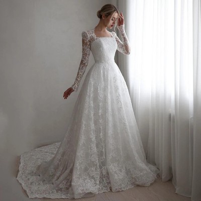 Wedding Dresses Square Neck Saudi Lace Bridal Gowns Sweep Train Net Long Sleeve