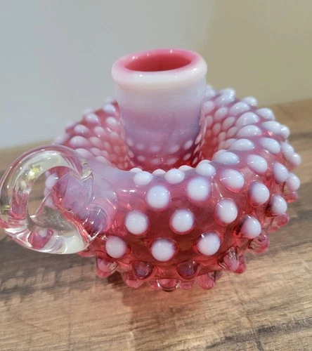 Fenton Glass Cranberry Opalescent Hobnail Candlestick Holder W/handle Vintage