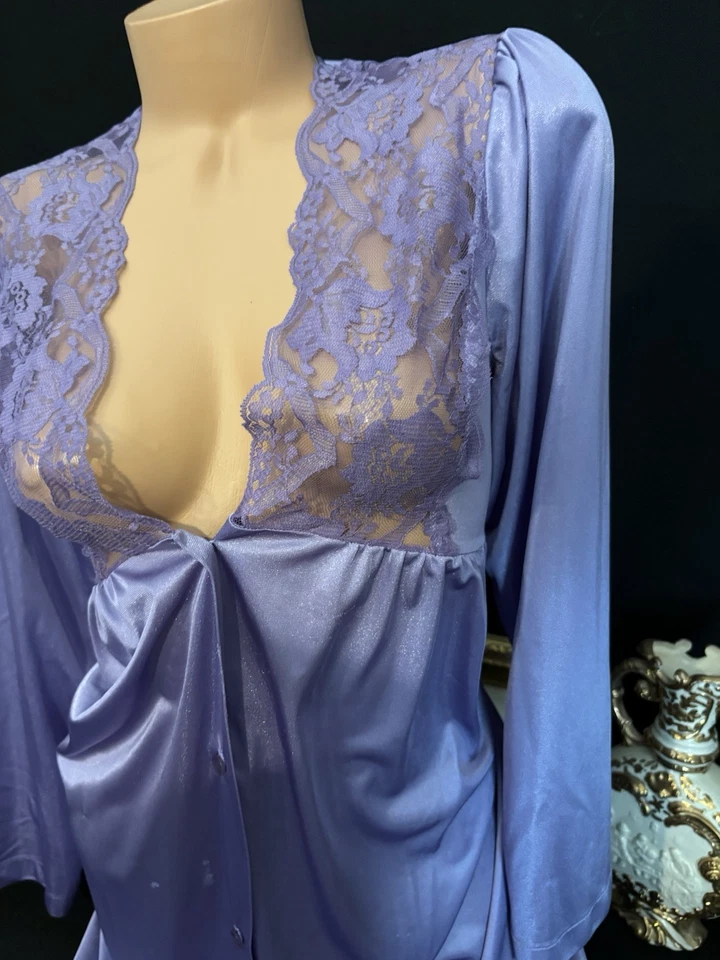 VTG SILKY Nylon Peignoir Robe Smooth Nightie Lingerie Robe olga esque w Lace - Image 4 of 4