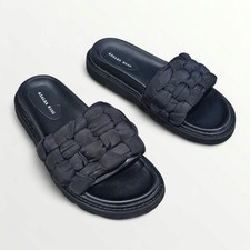 AZALEA WANG Black Satin Woven Slides Sandals 8.5M