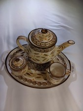 Temp-tations Old World Brown Floral Ceramic Tea Set Teapot Tray Sugar Creamer