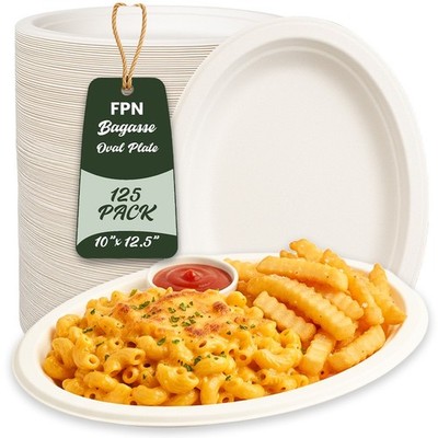 FPN Disposable Oval Plates Bagasse Heavy Duty Compostable  12.5''- 125CT Large
