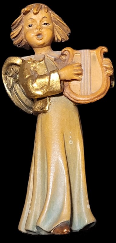 Vintage 1950s ANRI Hand Carved Wood Angel Figurine with Lyre Italy 4.75”