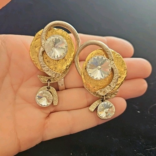J Jansen Brutalist 24K Gold & Silv Plated Austrian Crystal Statemt Earrings #12 - Picture 5 of 6