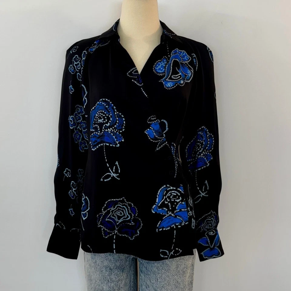 Blusa Emporio Armani Sedosa Satén Oscura Floral Manga Larga Top Negro Azul Talla 40 Foto 2 de 4