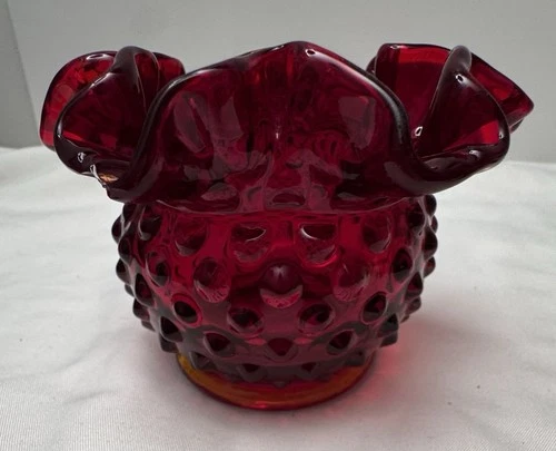 Fenton Amberina Ruby Red Glass Hobnail Ruffled Edge Rose Bowl Vase 3”