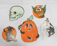 Vtg Halloween Paper Cut Outs Set of 5 Wall Decorations Skull Ghost Witch Pumpkin