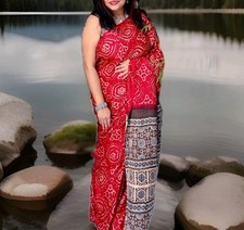 Women Pure Gajji Silk With Hand Bandhni And Hand Ajrakh Print Designer Handloom
