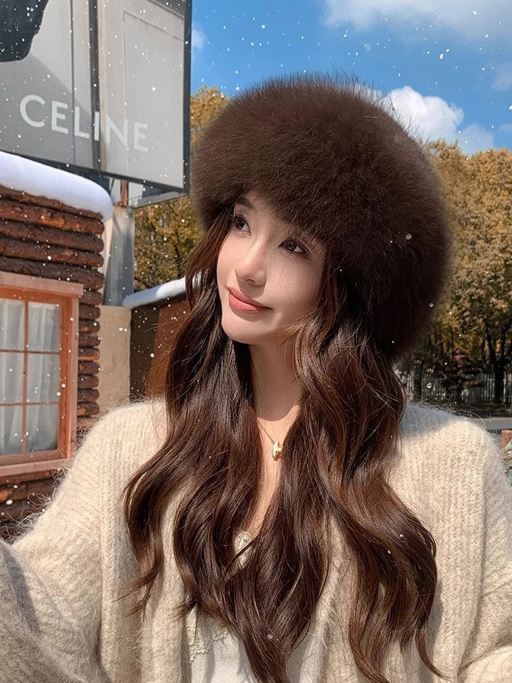 Sombrero de piel de visón real para mujer Sombrero de bombín Sombrero cálido Gorros Gorra de esquí con ala de piel de zorro Foto 4 de 4