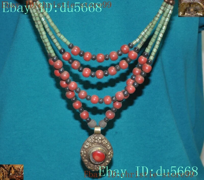 Старый тибетский буддизм тибетское серебро инкрустация драгоценный камень бирюзовый амулет подвеска ожерелье - Изображение 3 из 4